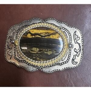 Vintage Western Belt Buckle Tiger Eye Stone Gold Silver Tone USA- Cowboy Rodeo